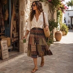 The Little Bazaar Cotton Patchwork Midi Skirt Earth Boho Tiered Woven L India